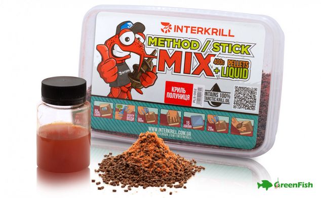 Пеллетс Interkrill Method/Stick Mix 100% Криль-Клубника 400 г + 50ml Ликвид