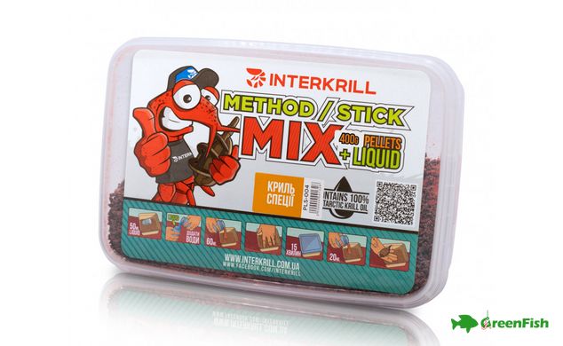Пеллетс Interkrill Method/Stick Mix 100% Криль-Специи 400 г + 50ml Ликвид