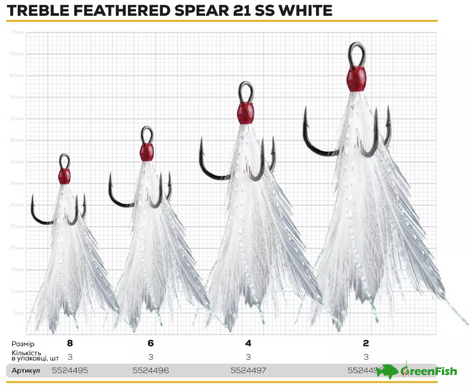 Крючок тройной BKK Feathered Spear-21 SS White №2(3шт)NEW